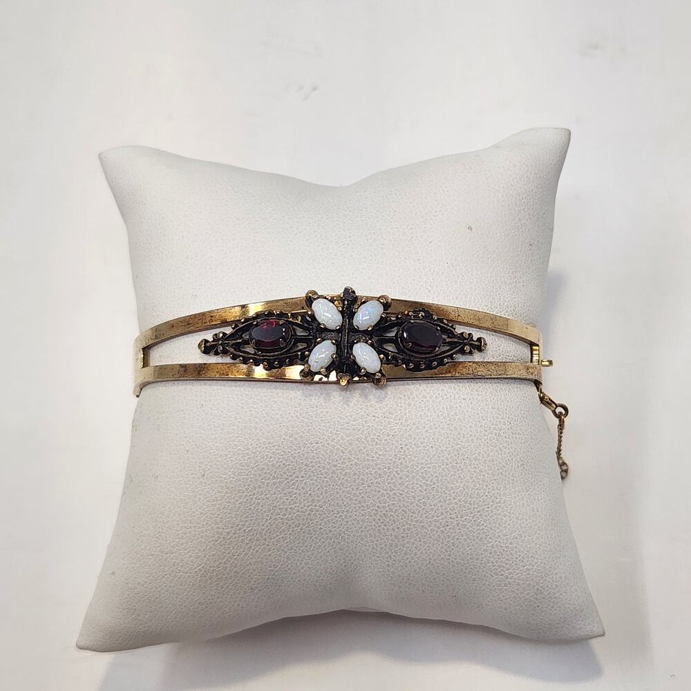 Victorian Revival Sterling Vermeil Hinge Bracelet Garnet Opal Floral Signed CH